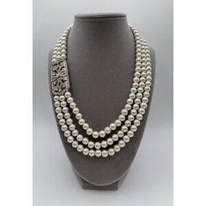 Art Deco Style 3 Strand Glass Pearl Necklace Rhinestone Clasp 18–21”
